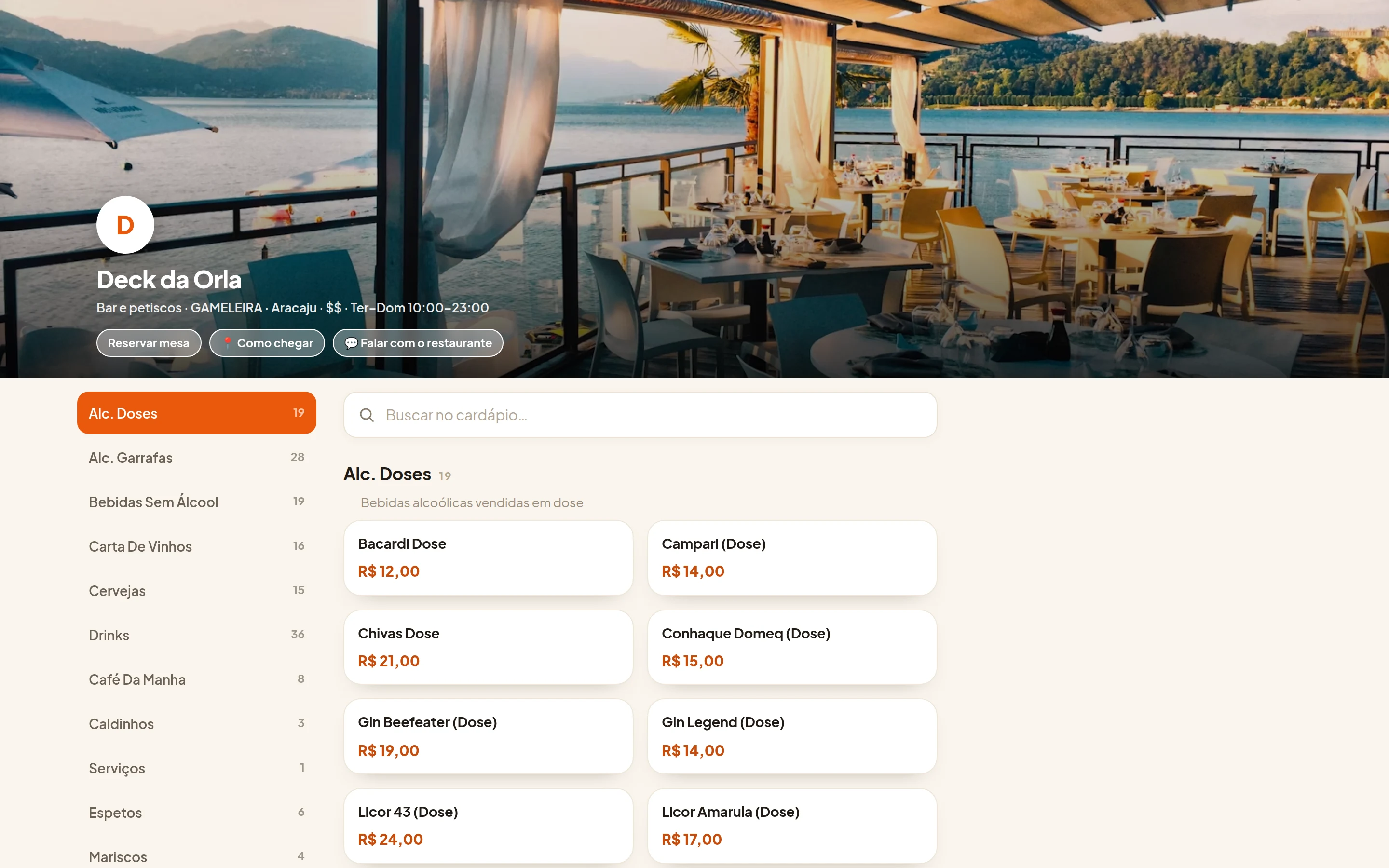 Cardápio público do restaurante com foto de capa, categorias e preços