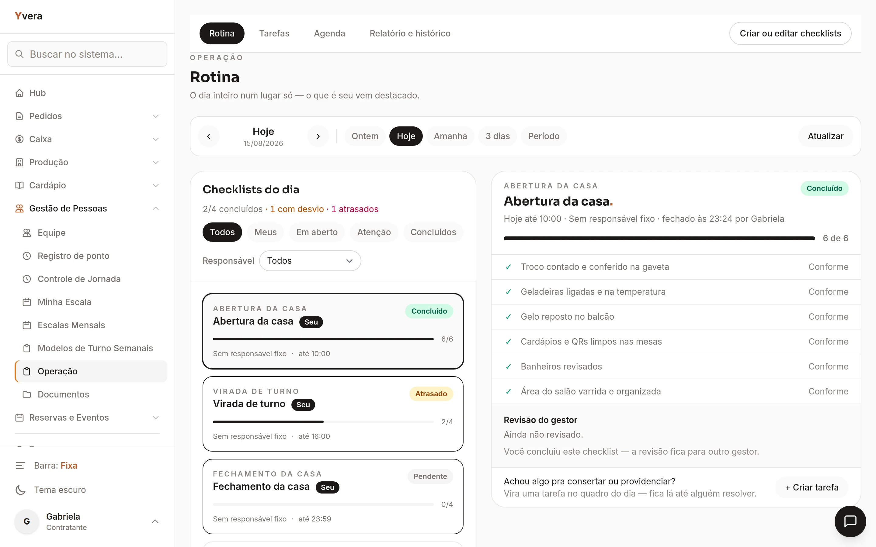 Lista de checklists de rotina com estado de execução de cada um