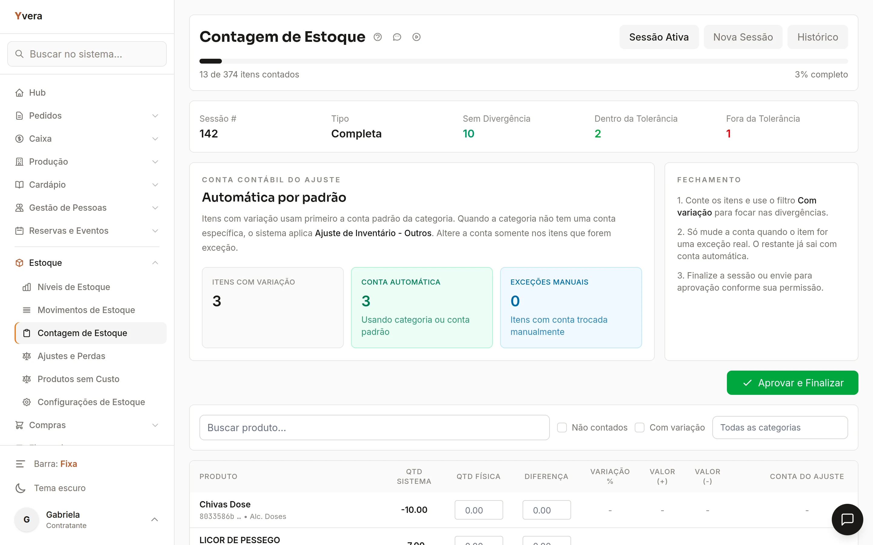 Tela de contagem de estoque com quantidade esperada, contada e divergência por item