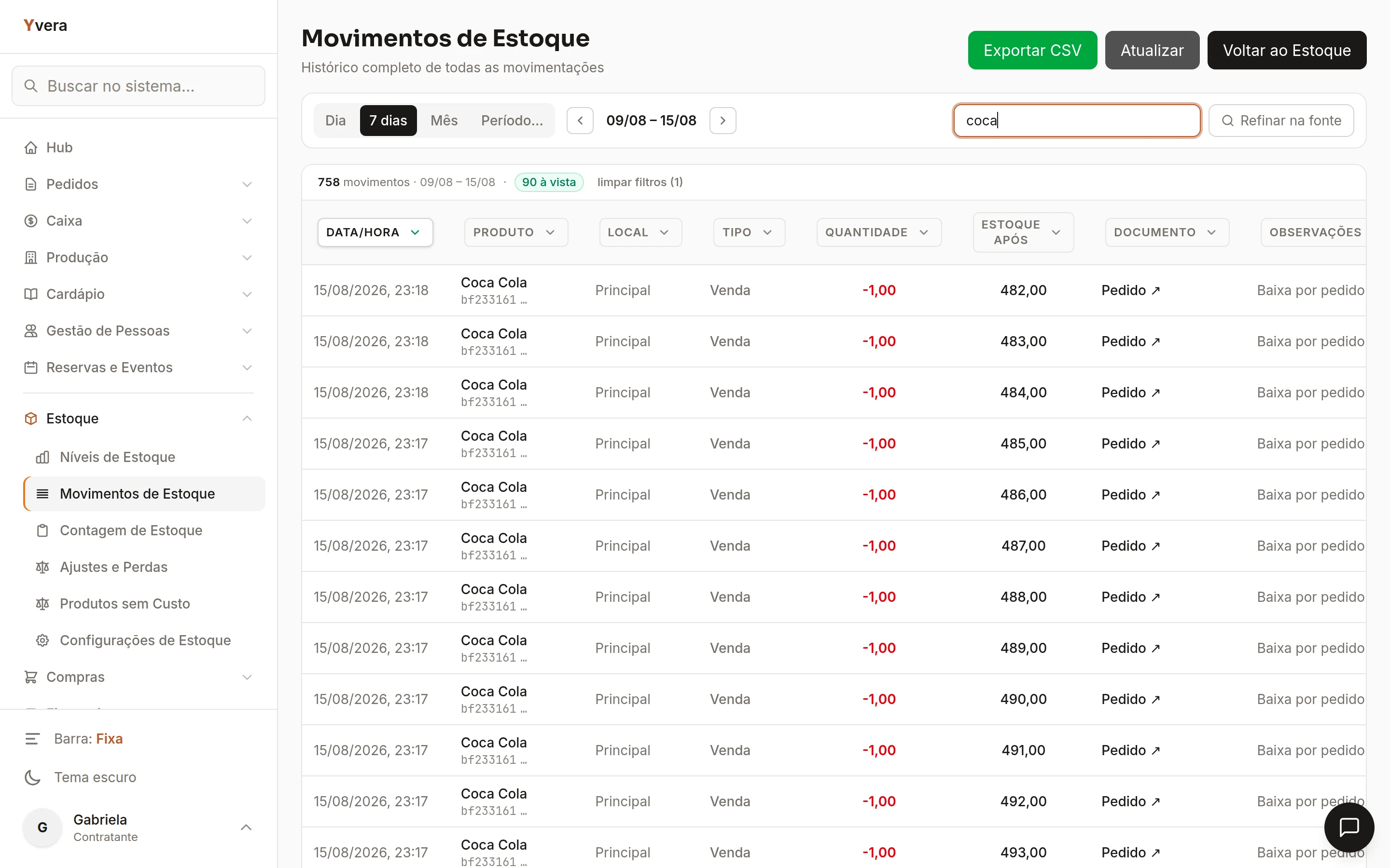 Extrato de movimentos de estoque com venda baixando o item e o pedido de origem